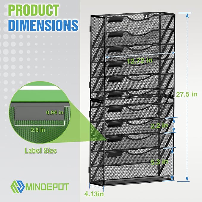 MINDEPOT 11 Tier Wall File Holder Hanging Wall Mount Paper File Organizer for Mails Folders Document Magazine Organization, for Office School Home, Black