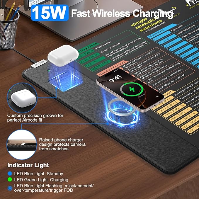 Excel Cheat Sheet Mouse Pad with Magnetic Wireless Charging, 31.5 x 15.8 in | Extended Excel Shortcuts Desk Writing Pad, Waterproof Ultra-Smooth Keyboard Mat, Non-Slip Base