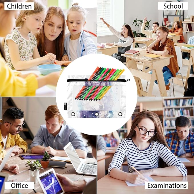 Wolf Watercolor Pencil Pouch for 3 Ring Binder, 2 Pack Waterproof Pencil Bags Clear Window Pencil Case Zipper School Office Supplies