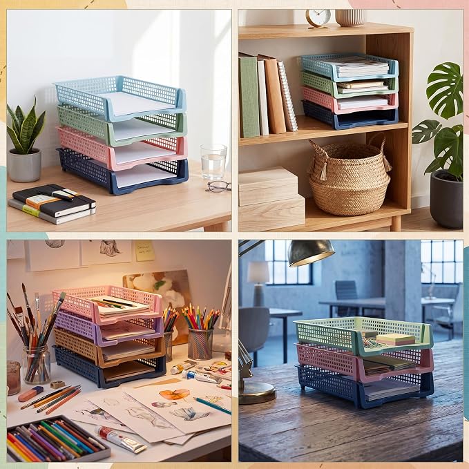Weysat 6 Pcs Turn in Trays Classroom, Stackable Paper Tray for Classroom Organization Plastic Desk File Organizer Bin Basket for Library Drawer Teacher Office Document Storage (Morandi Pastel,Narrow)