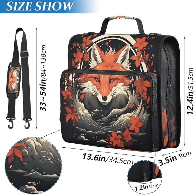 MNSRUU 3 Ring Binder Bag, 2 Inch D-Rings Easily Organizes 1 Inch Fits Letter Sized Paper, Fox and Flowers Large 3 Hole Zipper Binder Organizer for School Office Supplies