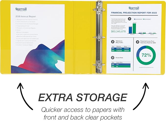 Samsill Durable 2 inch 3 Ring Binder, D Ring Binder, 100% Recycled Chipboard, Yellow, 4 Pack