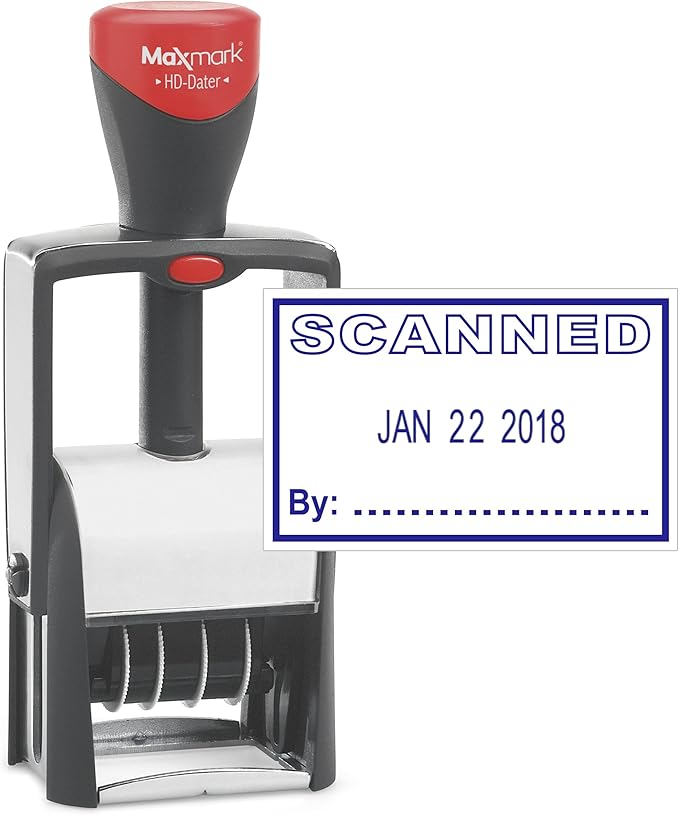 MaxMark Heavy Duty Self Inking Date Stamp with Phrase Scanned - Blue Ink