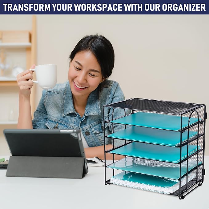 Desk Organizer Tray, Letter Tray in Black Metal Mesh for Organizing Files, Papers, Bills, Folders, Letters, and Binders. Desktop Paper Rack for Home, Office, or School (5 Tier - New)