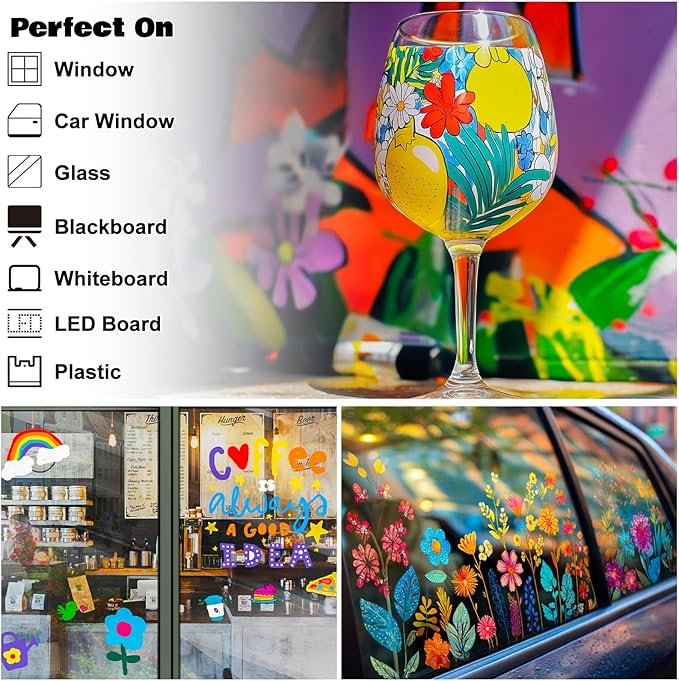 FansArriche Liquid Chalk Markers, 15mm Jumbo Car Window Markers, 8 Pack Erasable Neon Chalk Pens for Chalkboard, Blackboard, Glass, Signs, 3-in-1 Nib