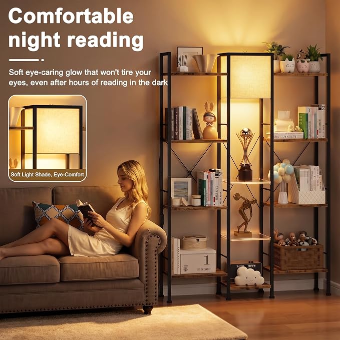 AFLUI Triple 4 Tier Industrial Bookshelf with Light, 11 Shelves | 2 Acrylic and Light for Better Display, Wide 3 Column Open Storage Fits Book or Decor, Industrial Metal Frame for Living Room