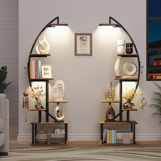 Tall Bookshelf with Lights, 2 Pack Ladder Bookcase, 7 Tier Arched Home Office Storage Book Collectibles Shelves, 64" Modern Corner Display Shelf for Bedroom Living Room Balcony, Rustic Brown