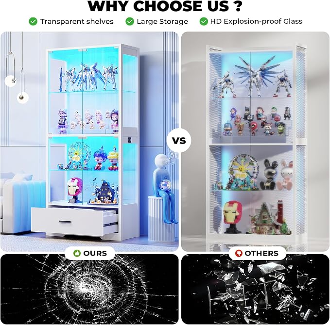 BROTTAR 4-Tier Display Cabinet with Glass Doors and Drawer for Collectibles | Glass Display Case with 3-Color Lights & Human Body Sensor, Curio Cabinets with Adjustable Shelves for Living Room, White