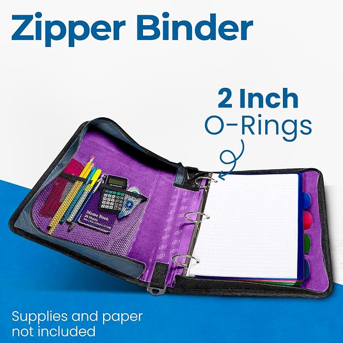 Case-it School Zipper Binder | 2" O-Rings | 350-Sheet | D-251 Deep Purple | Classic, Multiple Storage Pockets, Shoulder Strap, School & Office Organizer