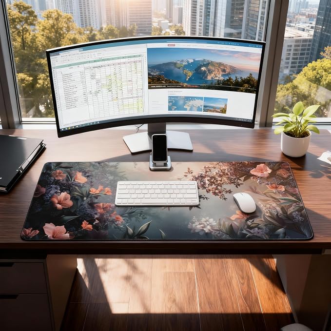 Cute Floral Aesthetic Azalea Gaming Mouse Pad, Ink Blue Red Dreamy Desk Mat with Anti-Slip Base & Stitched Edges,35.4" x 15.7" in Table Mat for Computer Desktop, Beautiful Workstation Decor