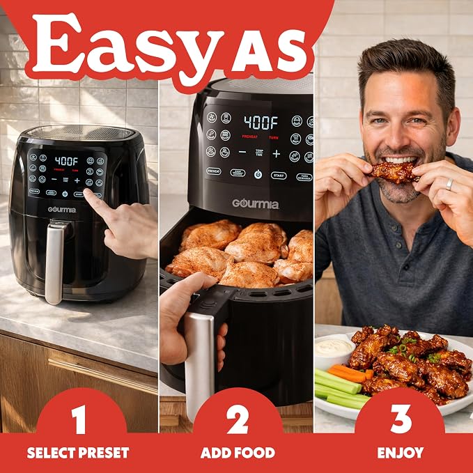 Gourmia Air Fryer - 6 Qt Large Capacity, FryForce 360º, Digital Display with 12 Presets, Roast, Bake, Broil, Dehydrate, Dishwasher Safe Accessories, Black