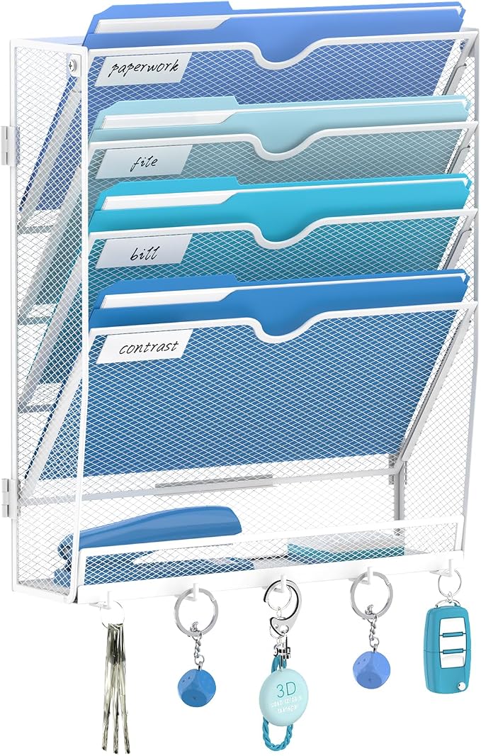 5-Tier Wall File Organizer and Mail Organizer with 5 Hooks, White | Label slots, curved openings, 5 key hooks, and a bottom tray support organized mail, file, and everyday item storage.