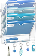 5-Tier Wall File Organizer and Mail Organizer with 5 Hooks, White | Label slots, curved openings, 5 key hooks, and a bottom tray support organized mail, file, and everyday item storage.