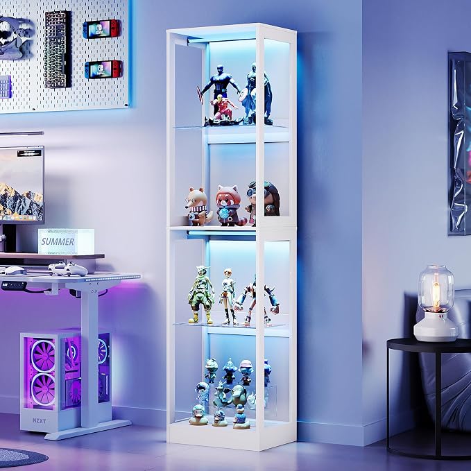 AMERLIFE 18-Inch RGB Open Display Cabinet | 70 H x 18 W x 14 D In, 4-Tier Storage, Adjustable Shelves, RGB LED Lights, Open Design, White