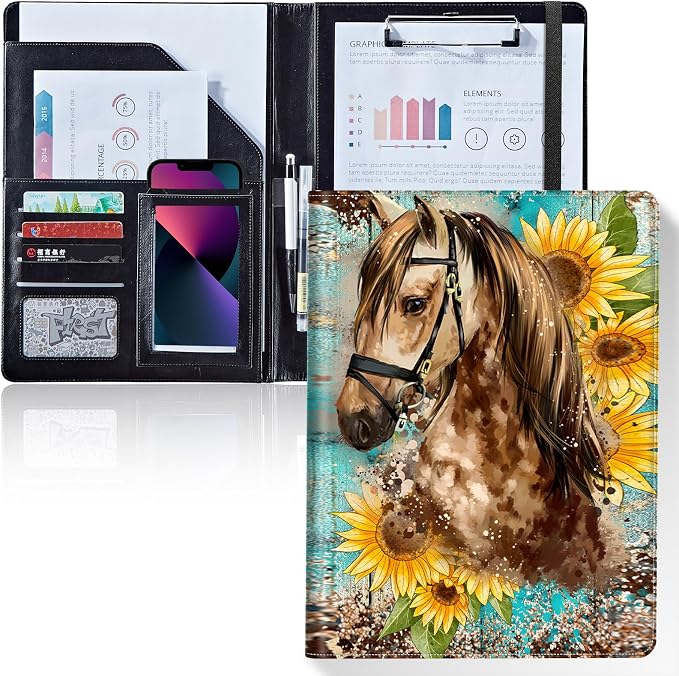 Padfolio/Portfolio Folder Clipboard,Padfolio Clipboard,Writing Portfolio Leather with Cover for Card Holder Slot Letter Size A4 for Office Conference Notepad Clip Boards,Horse Leopard Sunflower