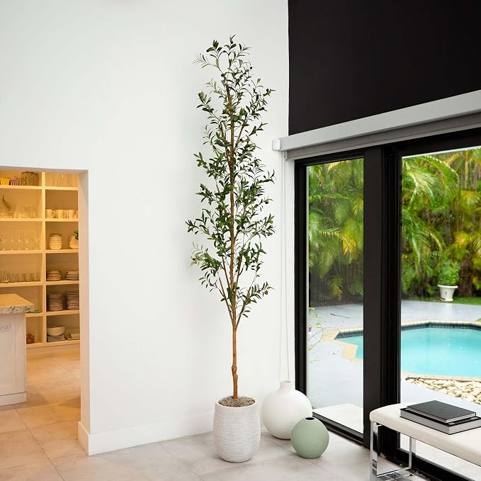 Nearly Natural 9 ft Artificial Olive Tree with Natural Trunk Floor Plant | Lifelike Fruits and Minimalist Leaves, Non-Decorative Nursery Planter, Elegant Statement Piece for Foyer or Office Decor