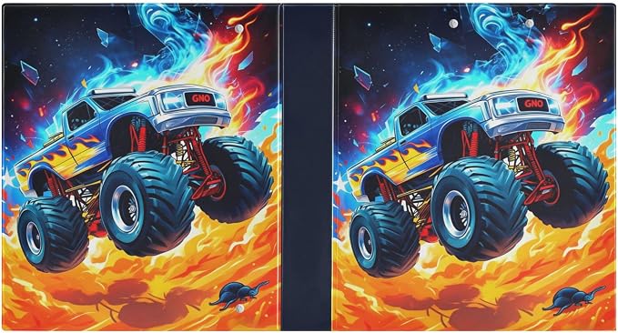 Monster Truck Cool Round Ring Binders 1.5 Inch Yellow Boom Cars Cute Doodle Pattern 3 Ring Clipboard Binder for Office School Work Supplies File Folder Document 200 Sheet Capacity Easy Open