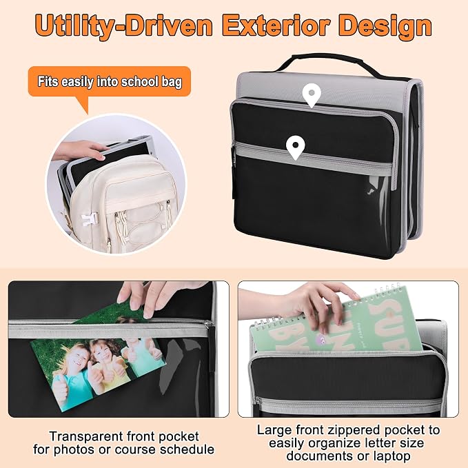 Ndsox Zipper Binder 3 Ring with Handle, 2 Inch O-Ring Document Organizer Middle School Binder with Zipper for Students, 5-Tab Expanding File Folder & 2 Mesh Pouches, DIY Clear Front Pocket, Black