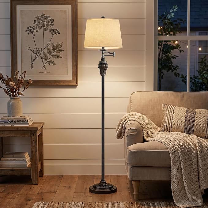 Vintage Floor Lamp with 350° Adjustable Swing Arm 61" Lamps for Living Room | Antique Brass Standing Lamp, Retro Bronze Bedroom Floor Lamp, Mid Century Farmhouse Rustic Traditional Tall Swivel Pole Lamp