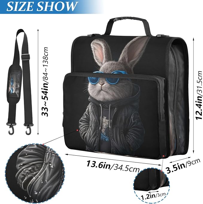 3 Ring Zipper Binder Cool Bunny Binder Organizer Portfolio with File and Shoulder Strap & Handle Large Capacity File Folder