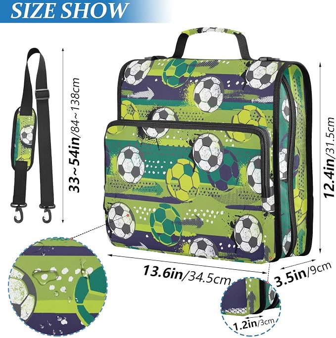 Ball Soccer Green Print Zipper Binder Bag 3 Ring with Shoulder Strap & Handle Multi Pocket Binder Organizer Bag Large Capacity for School Office Supplies