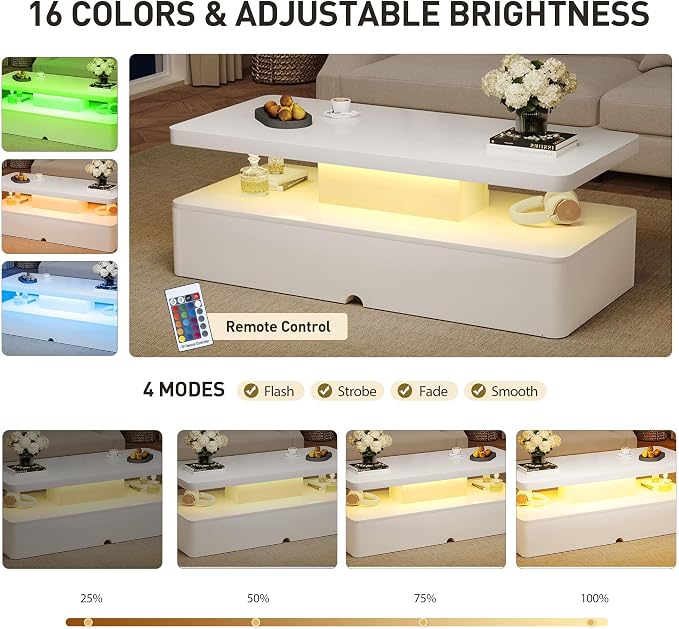 40" Modern LED Coffee Table, 2 Tier Rectangular Center Table with 16 Colors Lights & Large Storage Space, High Glossy Wooden Tea Table for Living Room, Bedroom, Home Office, White