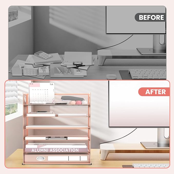 Daltack 6-Tier Paper Organizer for Desk with Handle, Rose Gold | Sturdy Metal Mesh Organizer with Movable Middle Trays and a Carry Handle for Papers, Folders and Office Supplies