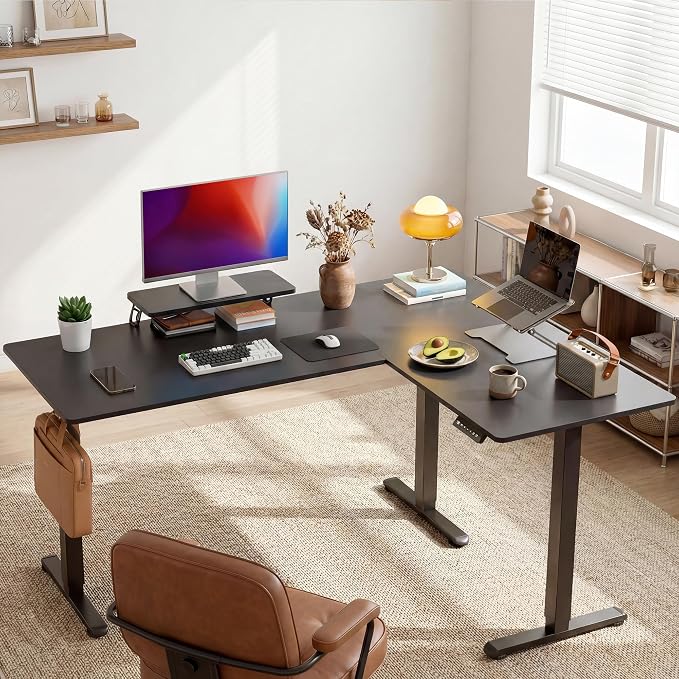 Shahoo L Shaped Electric Standing Desk, 63"x47.2" Corner Height Adjustable Sit Stand Desk with Monitor Riser, Ergonomic Stand Up Desk, 154 LBS Load Capacity Quiet Motor Home Office Computer Desk