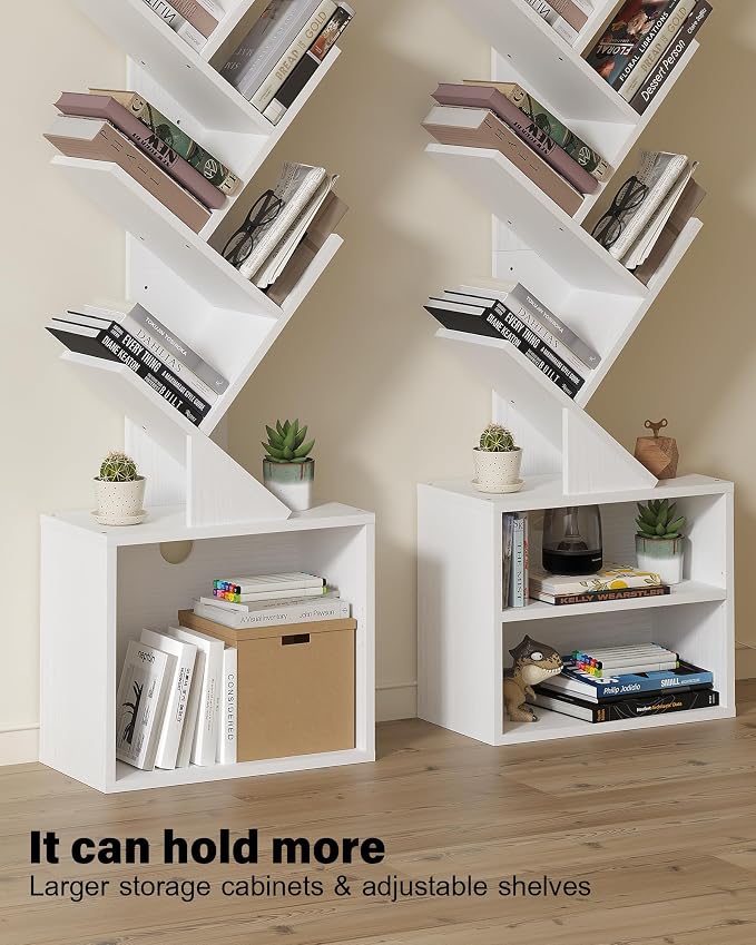 SUNMORY 6 Tier Tree Bookshelf, Tall Small Bookcase with Storage Cabinet | Modern Narrow Bookshelves Organizer, Floor Standing Book Case Shelf for Bedroom Living Room Home Office Corner, White