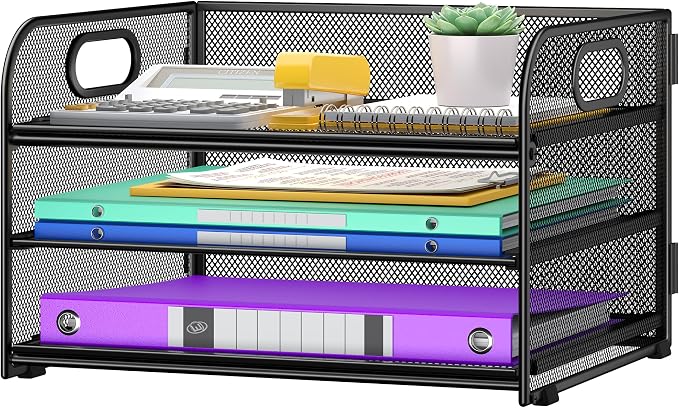 Cawukege 3 Tier Paper Organizer with Handle, Metal Desk Organizer Mesh Paper Letter Tray Desktop File Folder Document Sorter for Classroom, School, Office Accessories Storage (1, Black)