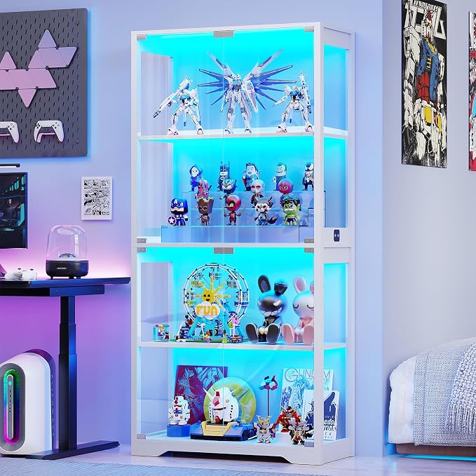 BROTTAR Display Cabinet with Glass Doors, 4-Tier Display Case, White | Curio Cabinet with 3 Color Lights for Collectibles, Storage Cabinets with Human Body Sensor