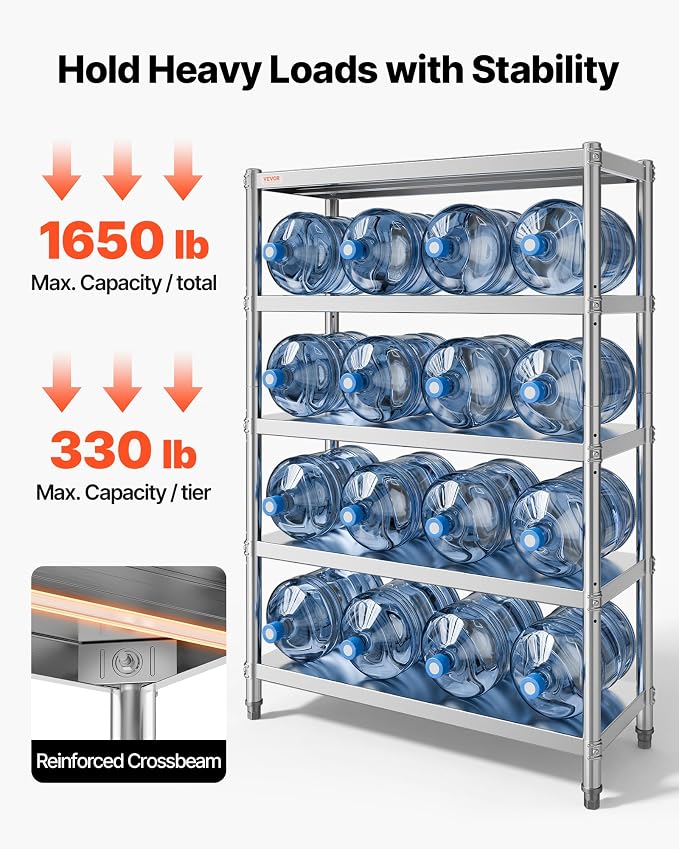 VEVOR Stainless Steel Shelving 48x18.5 Inch 5 Tier Adjustable Shelf Storage Unit Stainless Steel Heavy Duty Shelving for Kitchen Commercial Office Garage Storage 330lb Per Shelf | Storage Unit for Various Spaces Load Capacity 330 lbs Per Shelf Heavy Du...