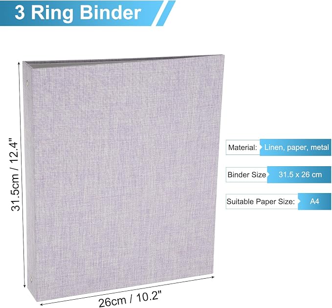 PATIKIL A4 Size 3 Ring Binder,1Pcs 1 Inch Round Ring Durable Linen Hardcover Binder Fit for 8.5" x 11" Paper Recipe Photo Office, Light Purple