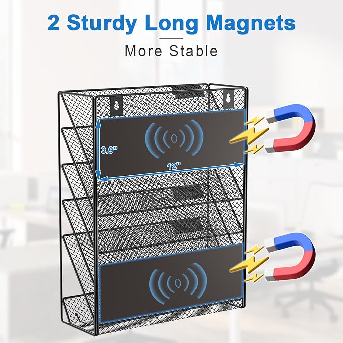 OUTWOLF Magnetic File Holder, 6-Tier Magnetic Wall Hanging File Organizer, Paper Folder Mail Organizer for Office, File Cabinets, Whiteboard, Fridge