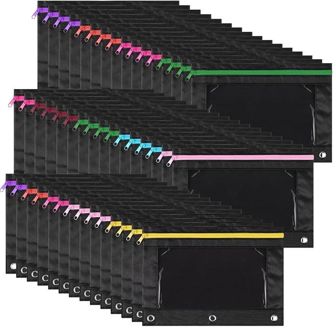 Leinuosen 64 Pack Black Pencil Pouch Bulk for 3 Ring Binder, Pencil Case with Colored Zipper and Clear Window Storage Bag for Office, Back to School Classroom Supplies