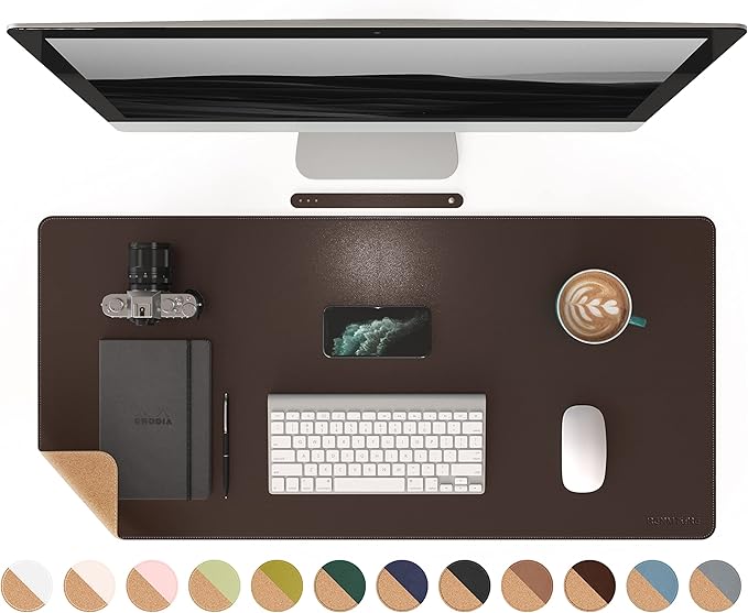 RENMTURE Dual-Sided Mouse Pad, Natural Cork & PU Leather Large Desk Pad for Office and Home Work, Desk Protector Non-Slip, Waterproof, Easy Clean (Dark Coffee, 36"x17")