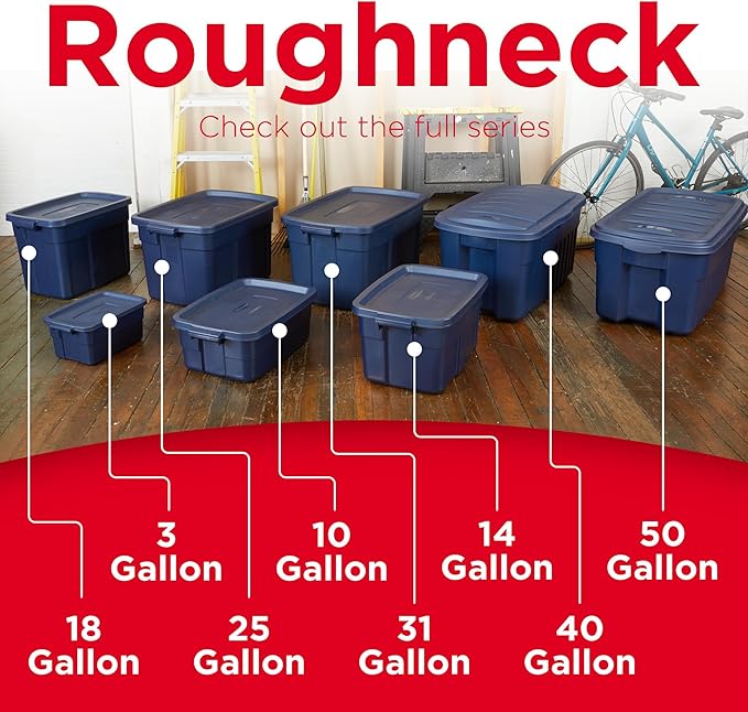 Rubbermaid Roughneck Tote Variety - |Made in the USA| Dark Indigo Metallic, Rugged Plastic Stackable Storage Tote with Lid and Handles (Pack of 10)