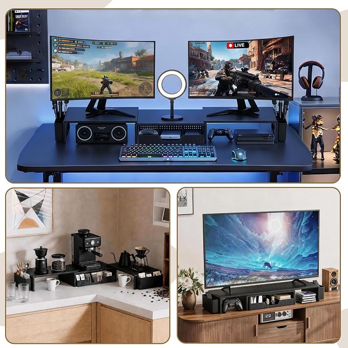 LEKETREE Dual Monitor Stand Riser with Drawer, Desk Organizer and Accessories, Monitor Stand for Desk, Desktop Stand for Computer, Laptop, TV and More (Black)