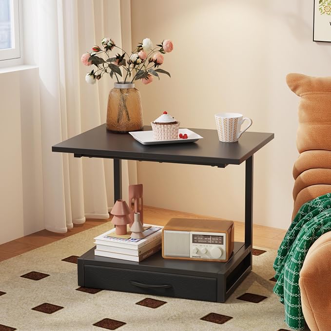 YAOHUOO 2-Tier Desktop Printer Stand with Fabric Drawer,19.6"x14.9" Black | Printer Table with Storage Shelf,Desk Organizer for Home Office,Fit Printer,Fax Machine,Scanner,Space Saving for Two Monitors