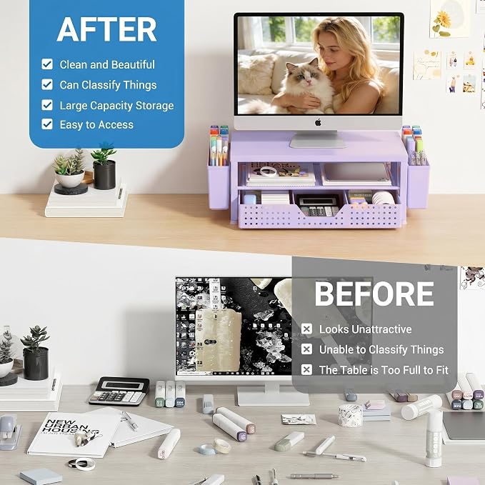 Desk Organizers and Accessories, Computer Monitor Stand Riser with Drawer and 2 Pen Holders, Printer & Laptop Stand, Office Desk Accessories & Workspace Organizers for Home Office Supplies, Purple