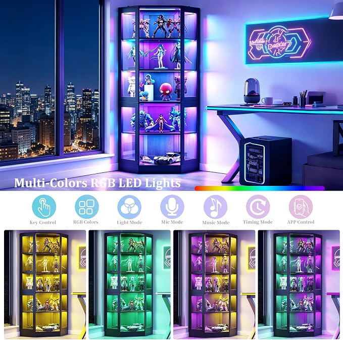 Corner Display Cabinet with Glass Doors, 5-Tier Curio Cabinets with RGB Lights, 71" Display Case with Wood Shelves for Collectibles, Black
