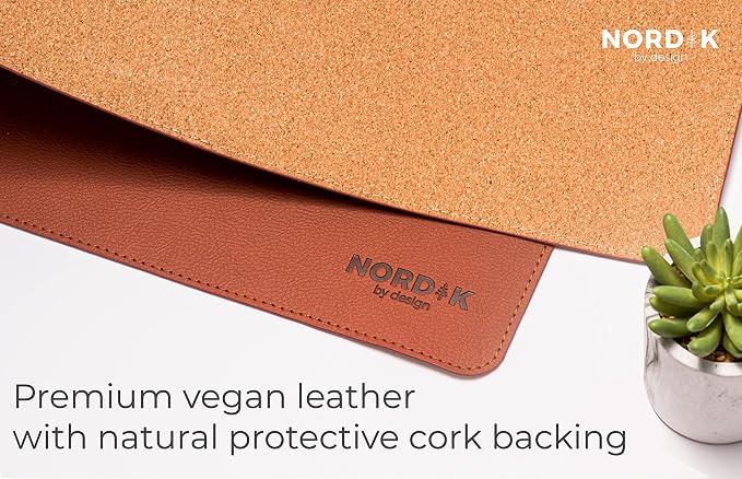 Nordik Leather Desk Mat - Cork Whiskey Brown - Leather Desk Pad (35x17 in) | Premium Vegan Leather Desk Pad with Cable Organizer, Giftable, Extended Waterproof Mouse Mat, Non-Slip Desk Pad Protector