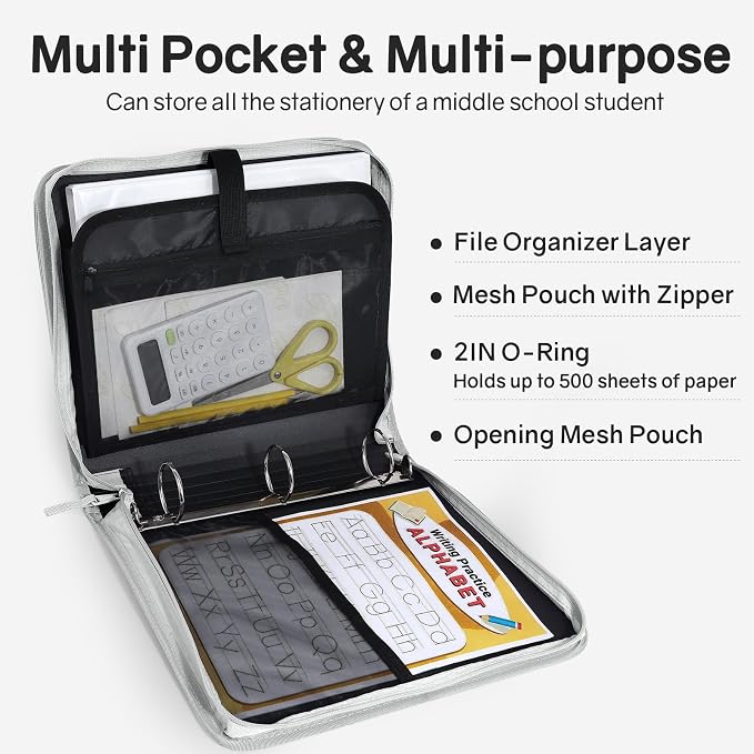 SUNEE Zippered Binder Bag with Handle, 2-Inch 3-Ring O-Ring, 500-Sheet Capacity, Includes Zip Pocket, 5-Tab Expanding File Folder, Multi-Pocket Organizer Binder for Middle School, Light Grey