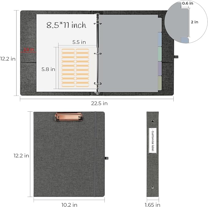 EYROZILL 3 Ring Binder, 1 Inch Linen Binder Organizer for Letter Size (8.5" x 11") with 5 Tab Dividers, File Folder Labels and Low Profile Clipboards, School and Office Supplies- Darkgrey