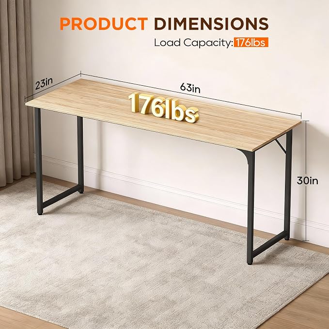 PayLessHere | 63 Inch Computer Desk | Nature | Office Desk with Metal Frame, Adjustable Feet | Water-Resistant, Scratchproof Surface | Sturdy Writing Table for Home Office or Study | Pack of 1