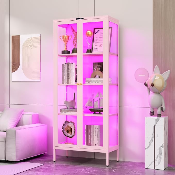 Polup 66" Pink Glass Display Cabinet with 8-Color LED for Collectibles | Metal Frame & Tempered Glass Doors, Motion Sensor LED, 4-Tier Space, 3 Adjustable Shelves, for Indoor Plants & Figures