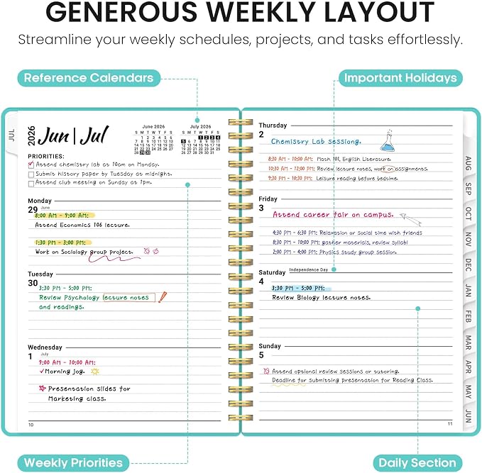 Taja Planner 2026-2027, 6.3" x 8.5" Calendar Planner, Jul 2026-Jun 2027 | A5 Hardcover Weekly & Monthly Academic Year Planner, Large Planning Agenda With Tabs, School & Office Supplies, Aquamarine