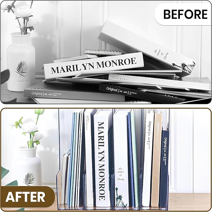 2-Pack Clear Acrylic Magazine File Holder, Vertical File Folder Holder, Acrylic Desk Organizer, Magazine Holder, Bookshelf Desk Office, Folder Organizer Document Rack + Phone Holder