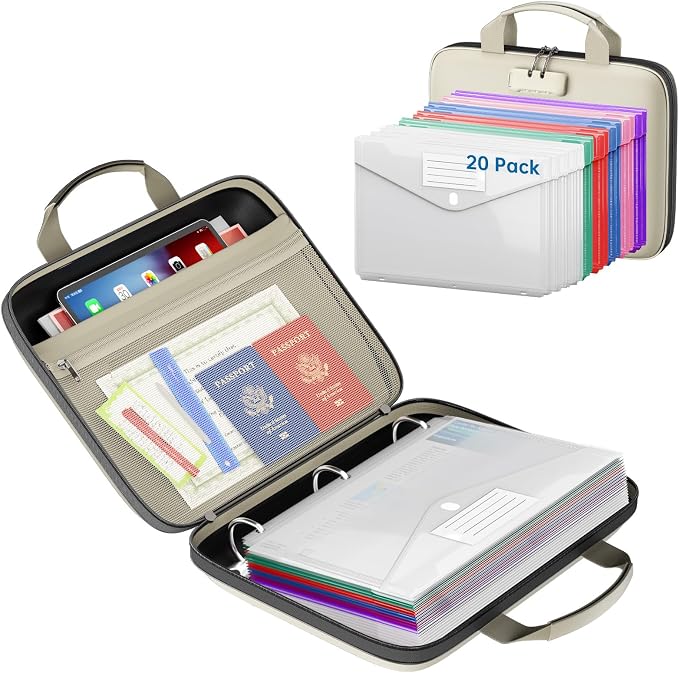 Fireproof Binder Organizer with 20 Pack Binder Pockets & Lock,Beige | Important Document Box with Zipper,Water Resistant Hard Case, Portable Home Office Safe Storage Protection for Letter Size