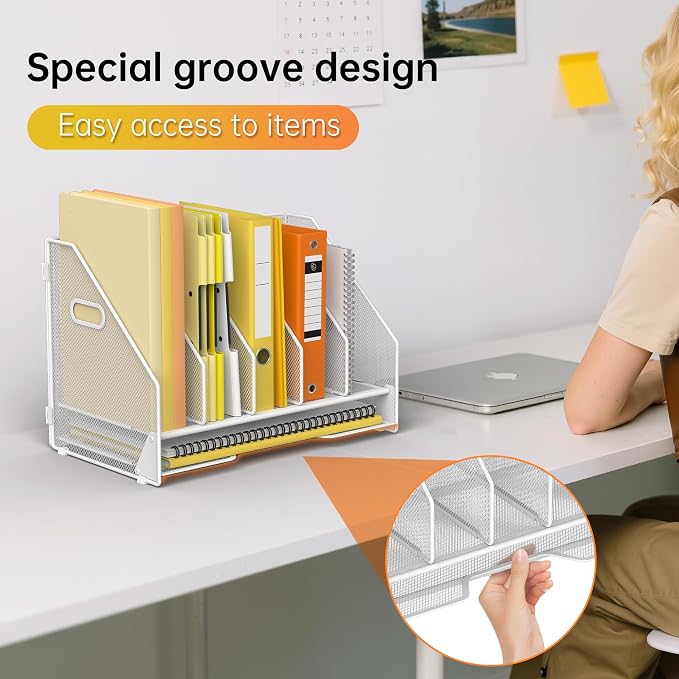 Docnest Mesh Desk File Organizer, 5 Vertical Compartment Box Sorter, White | Features 4 removable middle dividers for custom spacing and a bottom letter tray to hold paper, mail, and documents